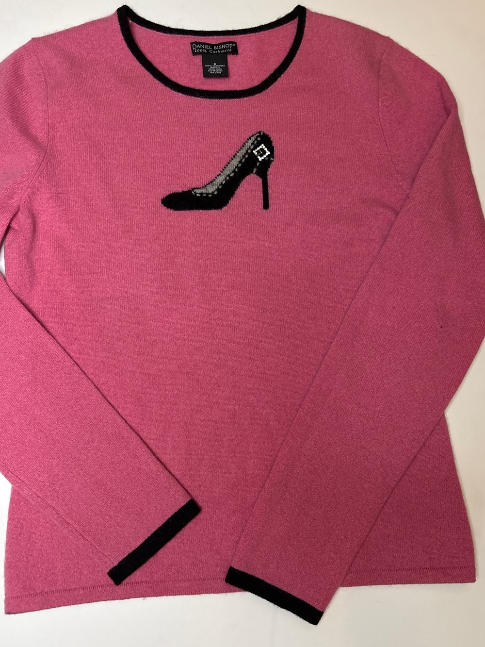 DANIEL BISHOP PINK 100% cashmere knit shoe embellished barbiecore sweater